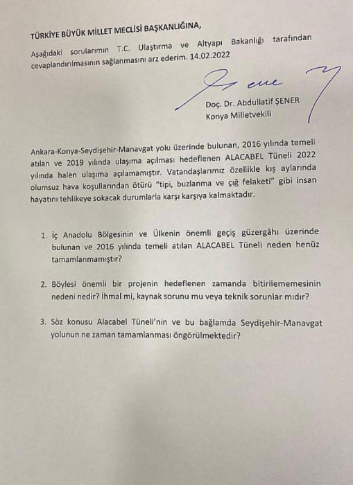 Milletvekili Şener, Alacabel Tüneli’ni sordu