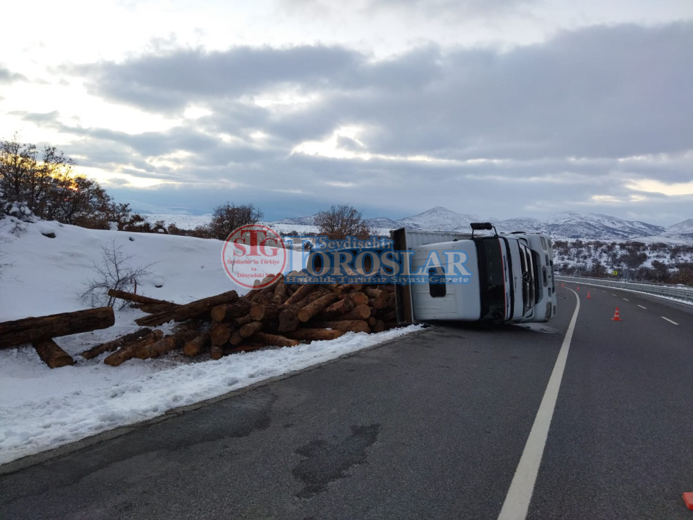 Seydişehir'de tomruk yüklü kamyon devrildi